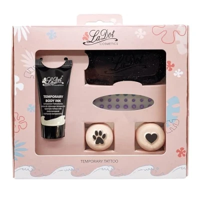 Abbildung von LaDot Tattoo Set S Katzenpfote und Herz für Kinder Erwachsene. Inhalt: Stempelkissen, Tattoofarbe schwarz, Steine Gr. Herz, selbstklebende Strasssteine