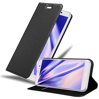 Abbildung von Cadorabo Hülle kompatibel mit Huawei Mate 9 aus Premium Kunst Leder Flip Klappbare Stoßfeste Magnetische [Standfunktion] [Kartenfächern] Cover für Tasche in Schwarz