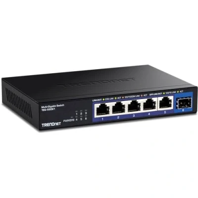 Abbildung von TRENDnet TEG S5061 6 Port Unmanaged 2,5G Switch mit 10G SFP+ Port, 5 x 2,5GBASE T Ports, 45 Gbit/s Switching Kapazität, lüfterlos, wandmontierbar