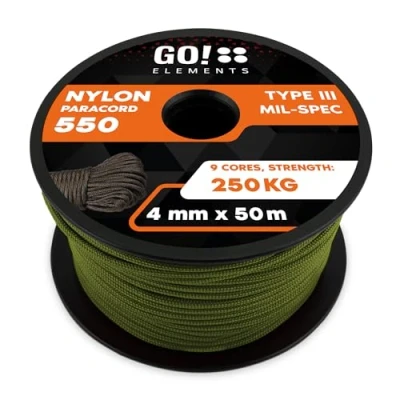 Abbildung von GO!elements 50m Paracord Seil aus reißfester Nylonschnur 4mm 550 Typ III Schnur geeignet als Allzweckseil &amp; Reepschnur Max. 250kg, Farbe: Oliv