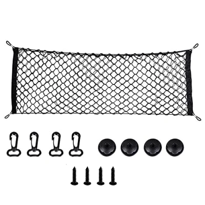 Abbildung von lenpestia Kofferraum Gepäcknetz Auto Kofferraumnetz Elastisch Aufbewahrung Netz Car Storage Mesh Organizer mit 4 Haken für Meisten Arten von Fahrzeugen 90cm x 40cm