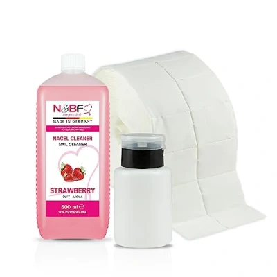 Abbildung von N&amp;BF Nagel Cleaner Set mit Duft 500ml + Dispenser Pumpflasche Schwarz 150ml 1000 Zelletten Cellulose Pads (2 Rollen à 500 Stück) 70% Isopropanol Alkohol für Gelnägel Nagelreiniger (Erdbeer)