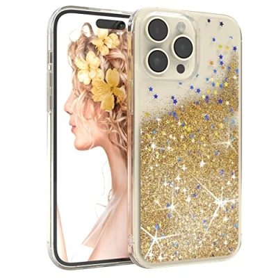 Abbildung von EAZY CASE Hülle kompatibel mit iPhone 14 Pro Max Schutzhülle Flüssig Glitzer, Handyhülle, Schutzhülle, Back Cover Glitter Flüssigkeit, TPU/Silikon, Transparent/Durchsichtig, Gold
