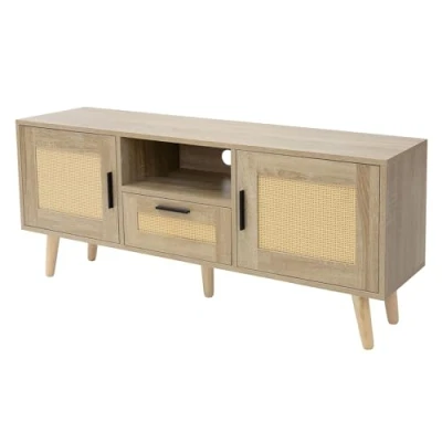 Abbildung von ML Design TV Schrank 120x50,5x30 cm Eiche Optik, Fernsehtisch mit 2 Türen, Schublade, Ablage, Board Rattanfront, Massivholzfüße, Lowboard für Wohnzimmer, Fernsehschrank Fernseher bis 55 Zoll