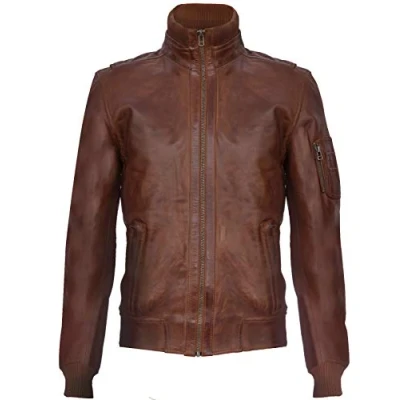 Abbildung von Infinity Leather Männer Nappaleder Bräunen Schlank Varsity Bomberjacke 3XL
