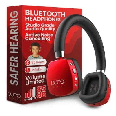 Abbildung von Puro Sound Labs PuroQuiet Plus Lautstärkebegrenzte On Ear Active Noise Cancelling Bluetooth Kopfhörer Leichte für Kinder mit eingebautem Mikrofon Sicherer (Rot)