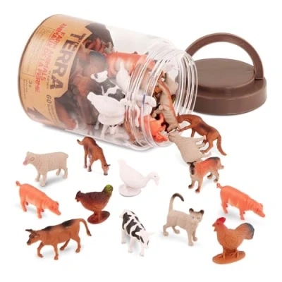 Abbildung von Terra 60 teilig Tierfiguren Sammlung Bauernhof Spielzeug Set Kühe, Schweine, Hühner, Gänse, Ziegen, Katzen und mehr ab 3 Jahren