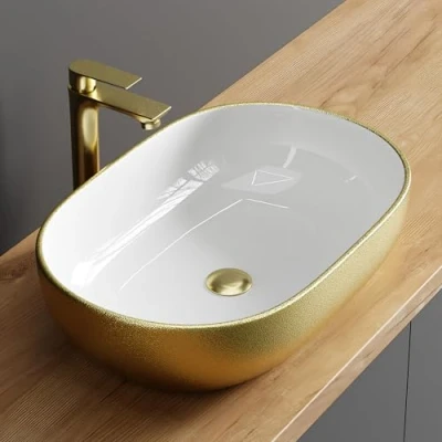 Abbildung von Planetmöbel Aquil Deluxe Waschbecken Oval Aufsatzwaschbecken für Badezimmer und Gäste WC Handwaschbecken ohne Hahnloch Überlauf Gold Weiß, 60 x 40 15 cm