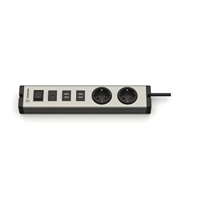 Abbildung von Ehmann 0601x0g02203301 Alu USB Multilader mit 5 Ports (1x C 18W, 2X Doppel A á 2,1A), 2 Schutzkontakt Steckdosen, zum Laden von Smartphone, Tablet usw. 1,5 m Zuleitung
