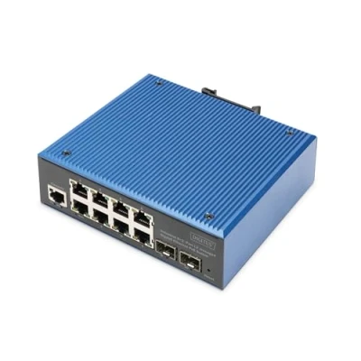 Abbildung von DIGITUS PoE Netzwerk Switch 10 Port Gigabit Ethernet 8X RJ45 + 2X SFP IP40 L2 Managed 10/100/1000 Mbit/s Hutschienenmontage Industrial Serie schwarz/blau