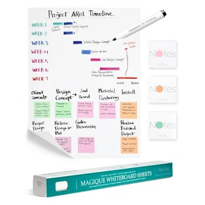 Abbildung von EasyCling® Magique Whiteboard Folie Selbstklebend Elektrostatische mit 25 Blatt &amp; 1 marker 3 Notizsets, für alle harten Oberflächen, haftet ohne Klebstoff oder Magnete, 60x80cm, 7.5x7.5cm