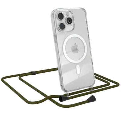 Abbildung von EAZY CASE Handykette kompatibel mit iPhone 15 Pro Max Kette zum Umhängen Stoßfest Handyhülle für Silikon Hülle Band Transparent als Fallschutz in Grün Clips Schwarz