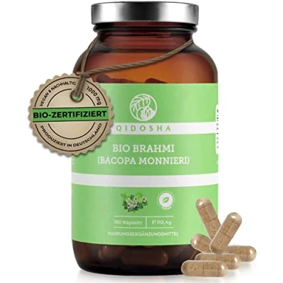 Abbildung von QIDOSHA® Brahmi Kapseln Bio, VERGLEICHSSIEGER*, 180 Stk im Apothekerglas, 2,5% Bacoside, Bio Pulver hochdosiert, Bacopa monnieri 500 mg je Kapsel, kleines Fettblatt, vegan