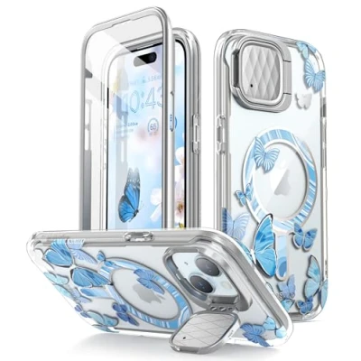 Abbildung von i Blason Schutzhülle für iPhone 15 / 14 13 (6,1 Zoll), mit Kamera Abdeckung, Ständer, MagSafe kompatibel, schlanke Ganzkörper integriertem Displayschutz (Blaufliege)