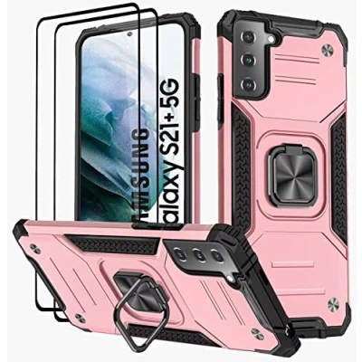 Abbildung von KANSi Hülle für Samsung Galaxy S21 Plus 5G, Schutzfolie [2 Stück] Silikon TPU Hart PC Handy Hüllen 360 Grad Drehbar Ringhalter Bumper Stoßdämpfung Schutzhülle Rosé Gold
