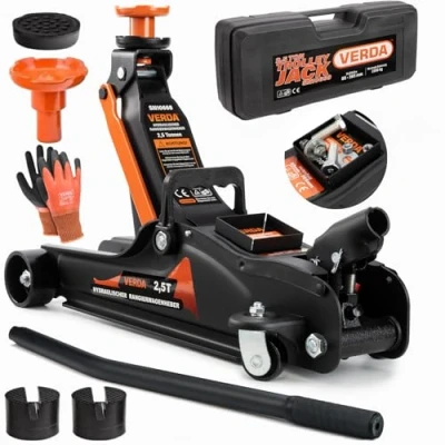 Abbildung von Hydraulischer Wagenheber 2,5T 85 365 mm + 3X Gummiauflage Koffer Montagehandschuhe Autoheber Rangierwagenheber Reifenwechsel PKW Geländewagen Wohnmobil