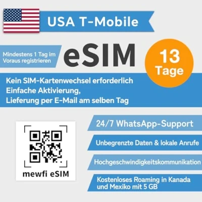 Abbildung von USA eSIM (USA, Mexiko, Kanada universal), unbegrenzte Internet Daten, T Mobile SIM, Geschwindigkeit US Prepaid Karte, Ortsgespräche und lokale Texte. (13 Tage)