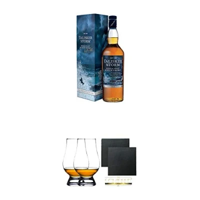 Abbildung von Talisker Storm Isle of Skye Single Malt Whisky 0,7 Liter + The Glencairn Glas Stölzle 2 Stück Schiefer Glasuntersetzer eckig ca. 9,5 cm Ø