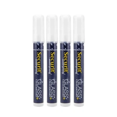 Abbildung von SECURIT 4er Set Kreidemarker Für nicht poröse Oberflächen (Schwarze Tafel, Glas, Metall, Spiegel...) Mittelstarke Spitze 2 6 mm Weiß