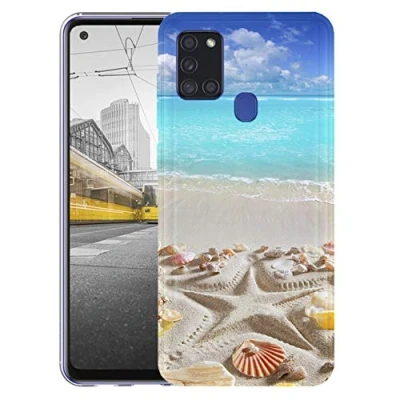 Abbildung von KX Mobile Hülle für Samsung A21s Handyhülle Motiv 1517 Strand Meer Sonne Urlaub Muschel Premium Silikonhülle SchutzHülle Softcase HandyCover Galaxy