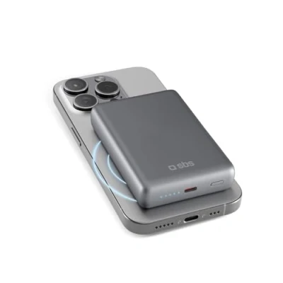 Abbildung von SBS PowerBank 10K MagSafe, 10.000 mAh Power Delivery 20 W, kabelloses Laden 15 magnetisch, Status LED, USB C, Ladegerät für iPhone, iPad, AirPods, Samsung, Tablet, Smartphone, Aluminium Grau