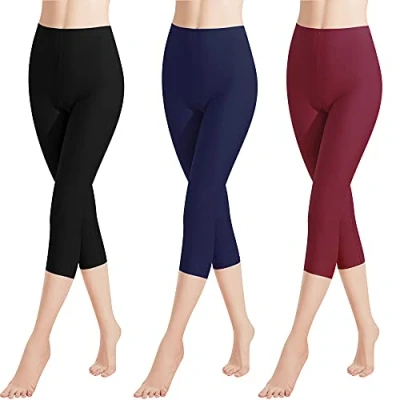 Abbildung von Libella 3er Pack Damen Leggings 3/4 Hose aus Baumwolle Capri mit Hohe Taille bunt Slim Fit Fitnesshose Mehrfarbig 4161 Schwarz Wein Marienblau 3XL