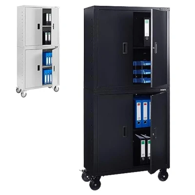 Abbildung von Arebos Aktenschrank Büroschrank Schwarz 195 x 40 90 cm 2er Set 4 Türen mit Räder 2 höhenverstellbare Einlegeböden Zylinderschloss