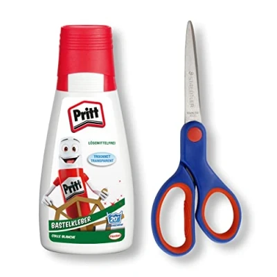 Abbildung von Pritt Set mit Bastelkleber und Bastel Schere, transparent trocknender Alleskleber für Zuhause, Schule oder Büro, weißer Bastelleim Kinder, 1 Flasche à 100 g + Noris Club Schere 17 cm, 9H PAKC2X