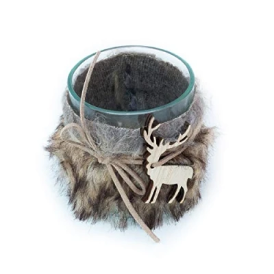 Abbildung von Antikas Schöner Teelichthalter Windlicht mit Hirsch, Winterdeko Kunstfell Weihnachten Dekoration