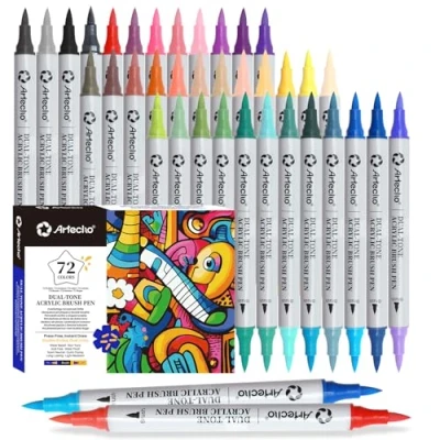 Abbildung von Artecho 72 Farben 36 Stück Acrylstifte Wasserfester Fine Tip Marker mit doppelten Enden für Rock Painting, Glas, Papier, Holz, Ei, Leinwand, Keramik, Stoff, Leder, DIY Crafts