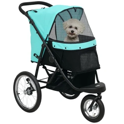 Abbildung von PawHut Hundewagen Jogger Hundebuggy klappbar für kleine Hunde &amp; Katzen bis 10 kg Katzenbuggy mit 3 große Gummiräder, Kissen Netzfenstern Aufbewahrungskorb Katzenwagen Sicherheitsleinen, Türkis