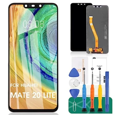 Abbildung von Ersatz LCD Bildschirm für Huawei Mate 20 Lite, Digitizer Glas, Montagesets, inkl. gehärteter Folie, Kleber und Werkzeuge, schwarz.