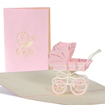 Abbildung von Pop Up Karte mit rosa Kinderwagen aus Papier, Glueckwunschkarte zur Geburt von Maedchen, Baby Dusche G13.3