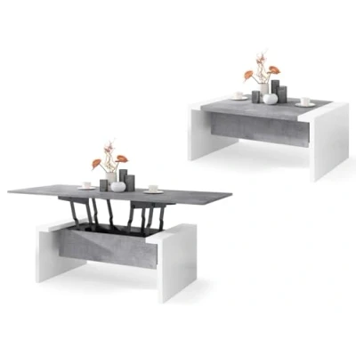Abbildung von All4All Couchtisch Carlo Kaffeetisch Wohnzimmertisch Sofatisch ausklappbar höhenverstellbar 110x70cm 05 Beton + Weiß
