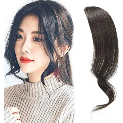 Abbildung von 2 STÜCKE Wave Side Bang Echthaar Clip in Pony Curly Fringe Hair Extensions(Naturschwarz)