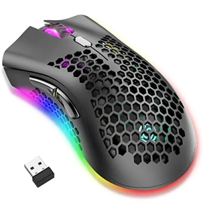 Abbildung von Kabellose Gaming Maus, Computermaus mit Wabenschale, 7 programmierte Tasten, 3 einstellbare DPI, USB Empfänger, tragbare, ergonomische optische RGB für Laptop PC/Mac, schwarz (Black)