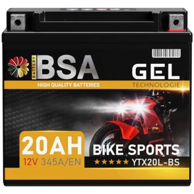 Abbildung von BSA YTX20L BS GEL Motorradbatterie 12V 20Ah 345A/EN Batterie doppelte Lebensdauer entspricht 51821 GTX20L CTX20L vorgeladen auslaufsicher wartungsfrei