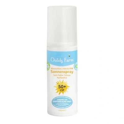 Abbildung von Childs Farm Sonnenschutzspray Für Kinder und Babys, sehr hoher Schutz mit LSF 50+, wasserfest, UVA UVB Schutz, 100ml trockene, empfindliche oder auch zu Ekzemen neigende Haut geeignet