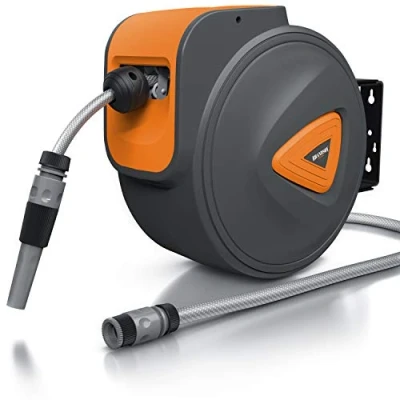 Abbildung von Brandson 20m Schlauchtrommel Gartenschlauch automatisch einziehbar Schlauchdurchmesser 13 mm 180 Grad drehbar kompatibel mit Gardena Produkten Durchmesser 37 cm.