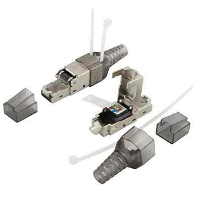 Abbildung von SeKi 2x Werkzeugfreier RJ45 Netzwerkstecker CAT 6 im Metallgehäuse passend für Verlegekabel und Patchkabel; Feldkonfektionierbar LAN Stecker Netzwerkkabel kompatibel mit CAT5, CAT7, CAT6a, DSL