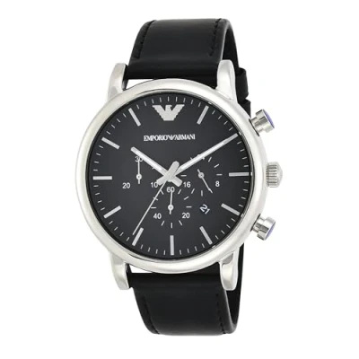 Abbildung von Emporio Armani Uhr für Herren , Chronographenwerk, 46mm Silber / Stahl Edelstahlgehäuse mit einem Lederarmband, AR1828