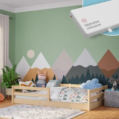 Abbildung von Bellabino Iskri Bodenbett 120x200 cm Montessori Kinderbett mit Matratze, Rausfallschutz &amp; Lattenrost Holzbett für Jungen Mädchen aus Kiefer Massivholz in Natur