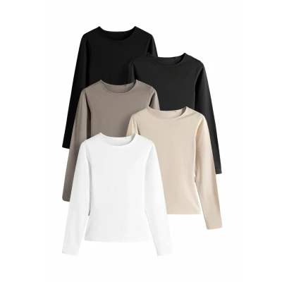 Abbildung von THE SET CREW NECK 5 PACK Regular FIT Langarmshirt, Damen, Größe: XS, Black brown nude white