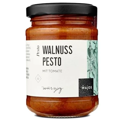 Abbildung von Wajos Walnuss Pesto mit Tomate. 180g würzig nussiges rot, fertiges für Pasta Sauce &amp; Brotaufstrich