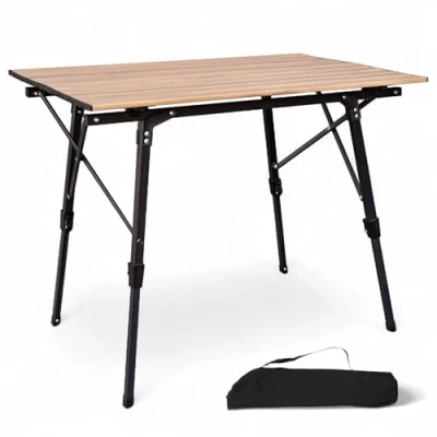 Abbildung von osoltus Campingtisch Fjord höhenverstellbar Aluminiumgestell Klapptisch Holzoptik Tischplatte 90cm x 59cm 45 71 cm