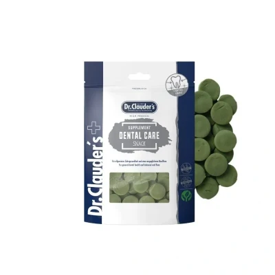 Abbildung von DR.CLAUDER&#039;S Supplement Snack Dental Care zur Reduzierung von Zahnbelag und Förderung Einer gesunden Maulflora bei Hunden Katzen. Nahrungsergänzungssnack im Frischebeutel 150g