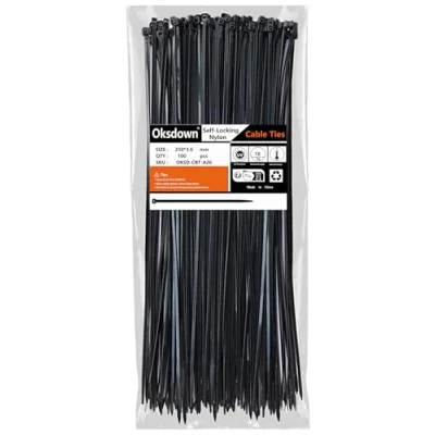 Abbildung von Oksdown Kabelbinder Schwarz 250mm x 3,6mm Nylon 100 Stück UV Beständig Kunststoff Schwarze Zugfestigkeit Von Bis Zu 18,2kg für Industrie, Gartenbau, Kabelindustrie
