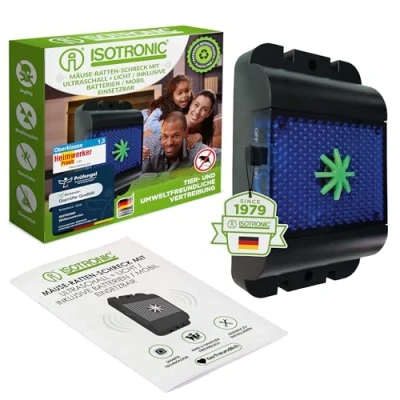 Abbildung von ISOTRONIC batteriebetriebener Nagetiervertreiber gegen Mäuse, Ratten, Marder, Siebenschläfer, Waschbären &amp; Füchse schonende Wildtierabwehr mit Ultraschallwellen blauem LED Licht (1)