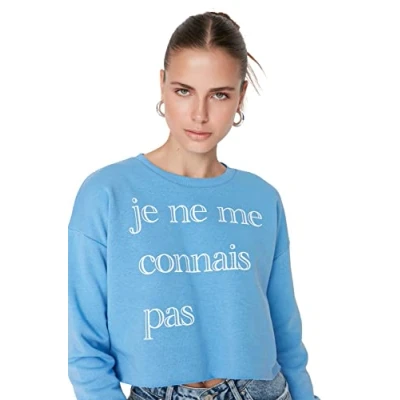 Abbildung von Trendyol Damen Rundhalsausschnitt und Slogan Sweatshirt, blau, 38