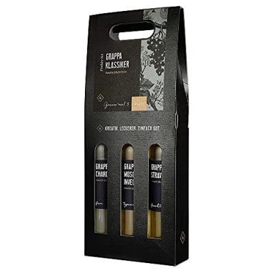 Abbildung von Wajos Geschenkset Grappa: 3er Set mit je 100ml Grappa Stravecchia, di Chardonnay, Moscato Invecchiata, Alkohol für Männer